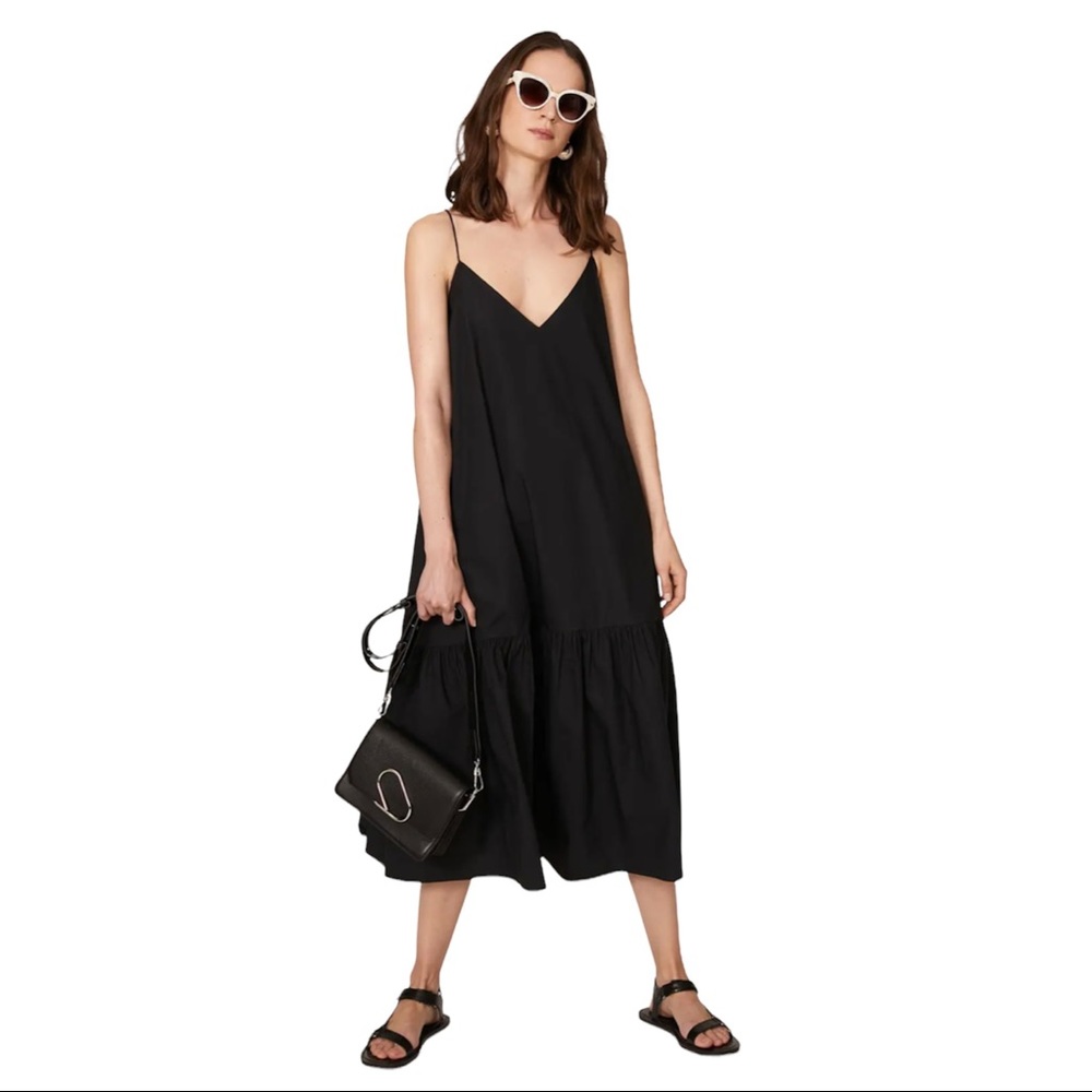 ANINE BING Averie Dress Black Cotton Poplin V Neck Midi Medium